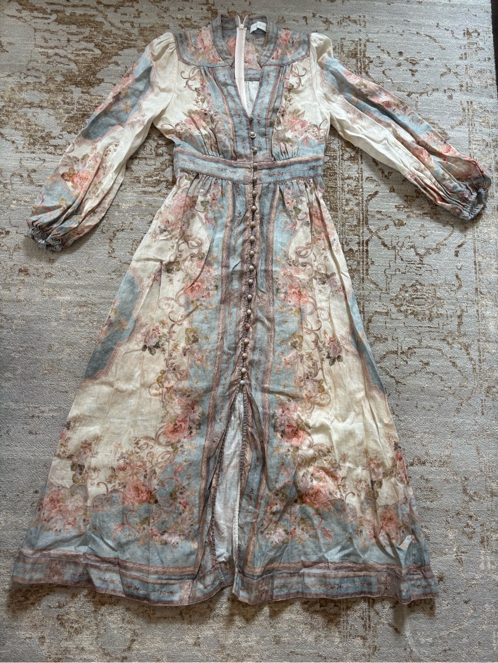 Zimmermann August Floral Long Sleeve Maxi Linen Dress - Pastel Pink & Blue